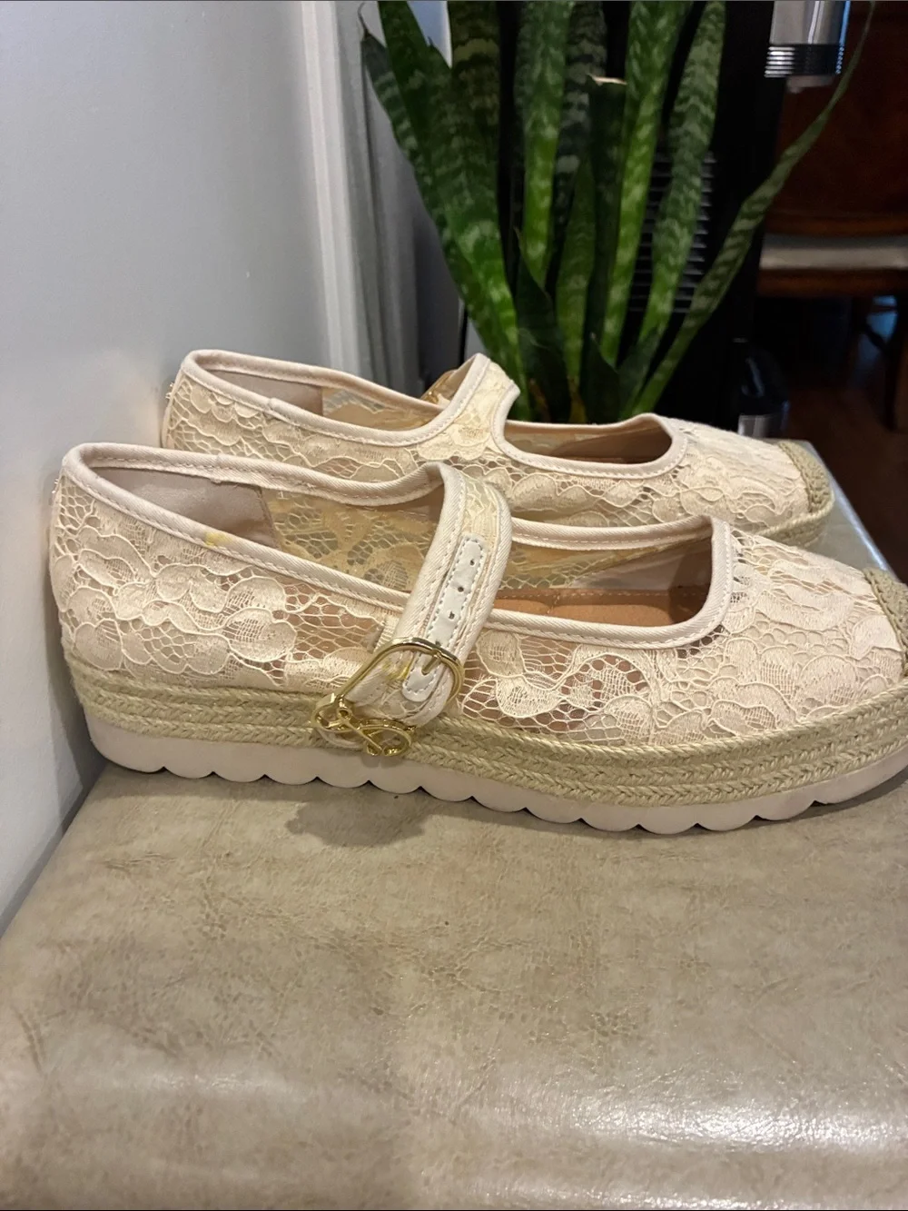 Sam & Libby Cream Lace Mary Jane Platform Espadrilles